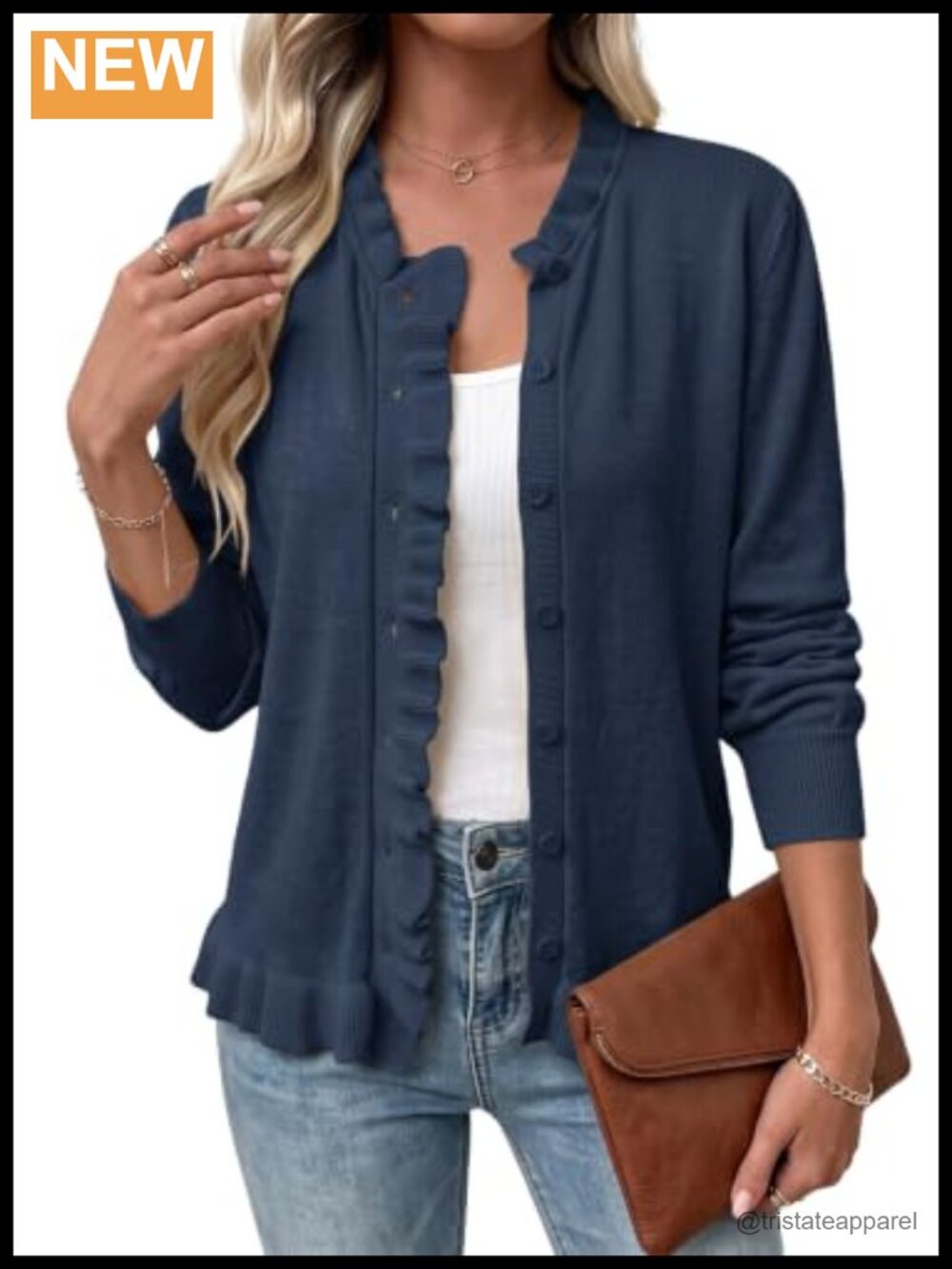 Womens Knit Cardigan Sweater Ruffle Trim Button Front Long Sleeve